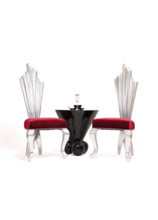 Acrylic chairs and table with red velvet seats – furniture product photography