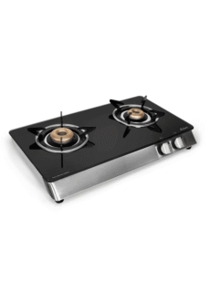 Black glass-top two-burner gas stove – product photography