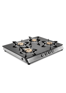 Black three-burner gas stove, angled view – product photography