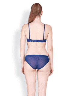 Model in blue lace lingerie set, back view – lingerie ecommerce photography