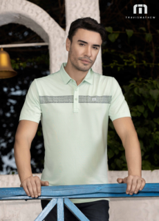 Male model in mint striped polo t-shirt – menswear brand catalogue