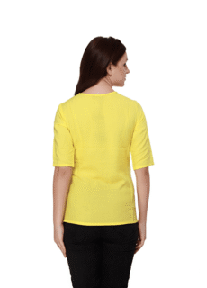 Woman in yellow top, back view – ecommerce womenswear photography