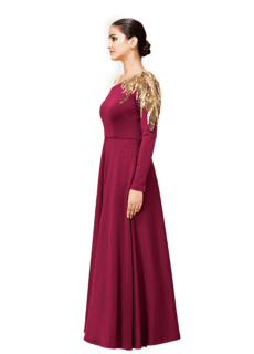Woman in maroon one-shoulder gown, side view – ecommerce eveningwear