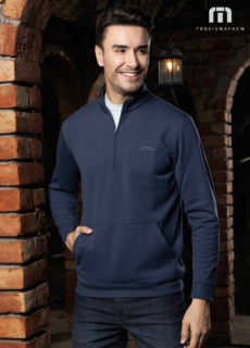 Male model in navy zip-neck sweatshirt – menswear brand catalogue