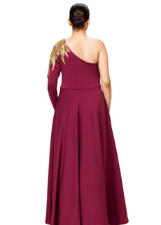 Woman in maroon one-shoulder gown, back view – ecommerce eveningwear
