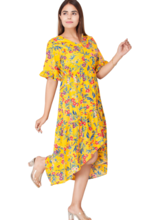 Woman in yellow floral midi dress – ecommerce womenswear photography