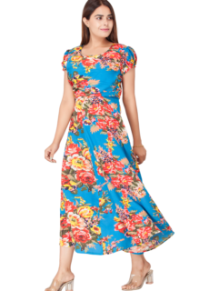Woman in blue floral maxi dress – ecommerce womenswear photography