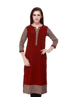 Woman in maroon kurta with printed sleeves – ecommerce ethnic wear