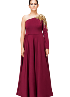 Woman in maroon one-shoulder gown – ecommerce eveningwear photography