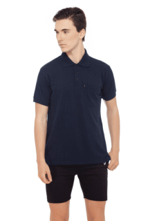 Male model in navy polo t-shirt and shorts – ecommerce apparel photography