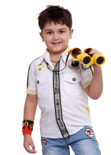 Boy in white shirt with binoculars – kidswear photoshoot