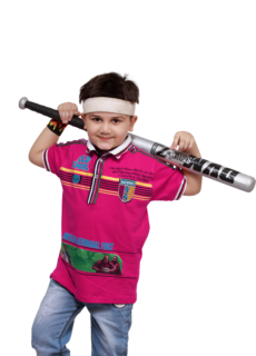 Boy in pink t-shirt with cricket bat – kidswear photoshoot