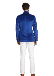 Male model in blue bandhgala and white trousers, back view – ecommerce menswear