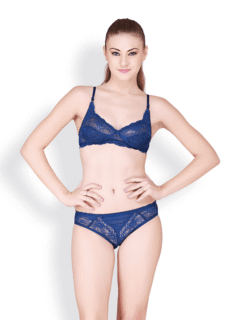 Model in blue lace lingerie set – lingerie ecommerce photography