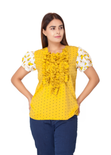 Woman in yellow ruffled top – ecommerce womenswear photography