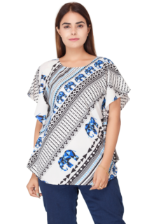Woman in elephant-print kaftan top – ecommerce womenswear photography
