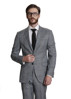 Male model in grey checked suit with glasses – ecommerce menswear
