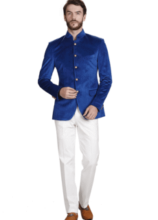 Male model in blue bandhgala and white trousers – ecommerce menswear
