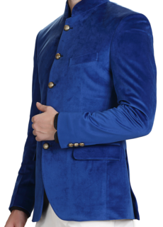 Blue velvet bandhgala jacket, close-up – ecommerce detail shot