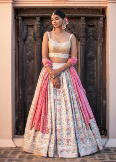 Model in pink and ivory lehenga by a carved door – ethnic wear photoshoot