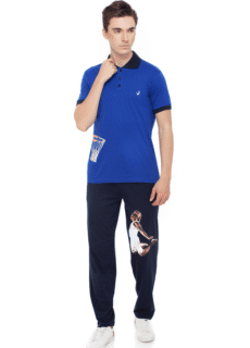 Male model in blue polo t-shirt and printed track pants – ecommerce activewear