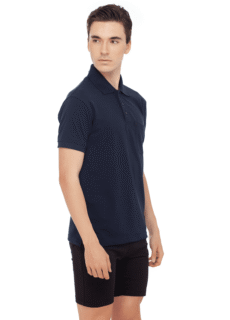 Male model in navy polo t-shirt, side pose – ecommerce photography