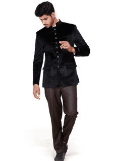 Male model in black velvet bandhgala and trousers – full-length ecommerce shot