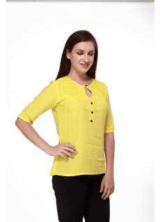 Woman in yellow top – ecommerce apparel photography on white