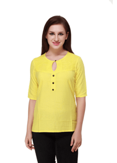 Woman in yellow top, close-up – ecommerce apparel photography