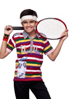 Boy in striped polo t-shirt with tennis racket – kidswear photoshoot