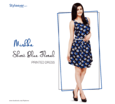 Model in blue floral printed dress – Mishka catalogue creative
