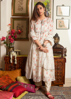 Woman in ivory printed anarkali – ethnic wear photoshoot