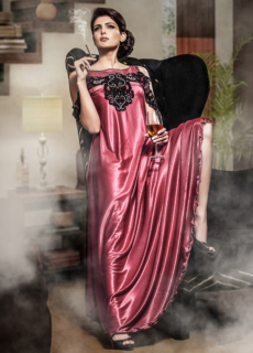 Model in rose pink drape saree – designer wear photoshoot