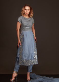 Woman in grey-blue embroidered kurta set – ethnic wear photoshoot