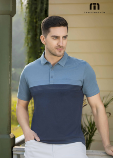 Male model in blue colour-block polo t-shirt – menswear brand catalogue