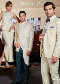 Models in white and cream suits – menswear brand campaign