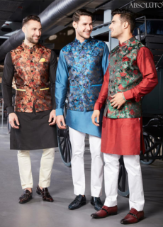 Three male models in printed Nehru jackets – festive menswear campaign