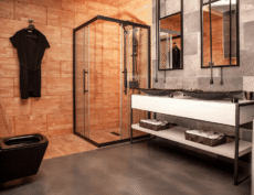 Bathroom with wooden wall tiles and vanity – interior product photography