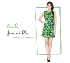 Model in green and blue printed dress – catalogue creative