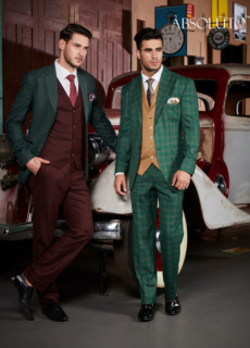 Male models in green and maroon suits beside a vintage car – menswear campaign