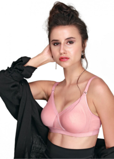 Model in pink bra with black robe – lingerie photoshoot