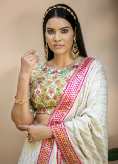 Model in pink embroidered dupatta and bridal jewellery – ethnic wear shoot