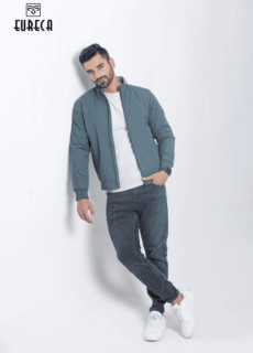 Male model in grey overshirt and jeans – menswear catalogue