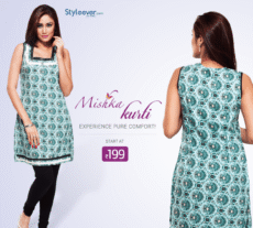 Model in printed kurti, front and back view – Mishka catalogue creative