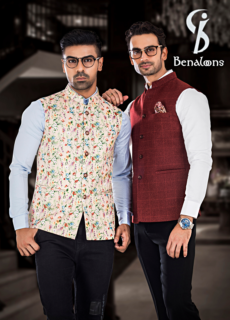 Two male models in printed and maroon Nehru jackets – menswear brand campaign