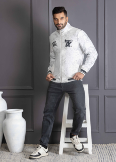 Male model in white printed shirt and jeans – menswear catalogue