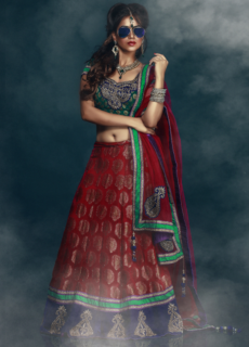 Model in maroon lehenga with sunglasses – ethnic fashion editorial