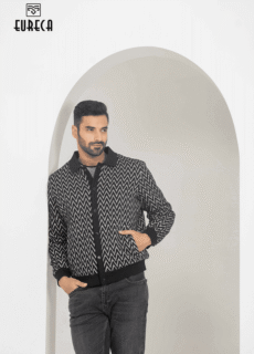 Male model in black printed jacket – menswear catalogue