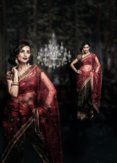 Two models in dark sarees in a chandelier-lit room – saree fashion shoot