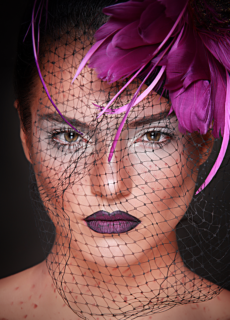 Model with feathered fascinator and veil – creative beauty photoshoot